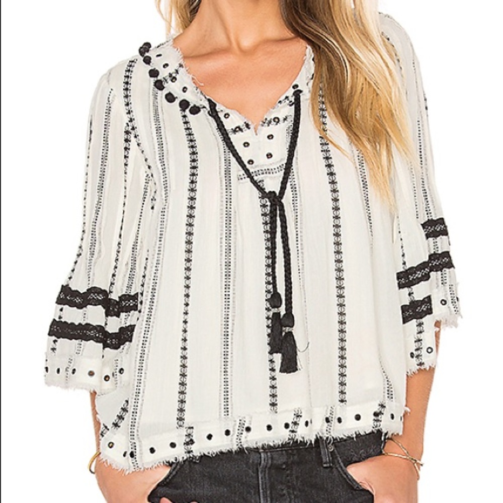 Tularos huxley blouse striped tribal pom pom top
